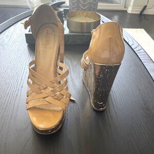YSL Yves Saint Laurent Idole Nude Patent Leather and Gold Cork Platform Wedges